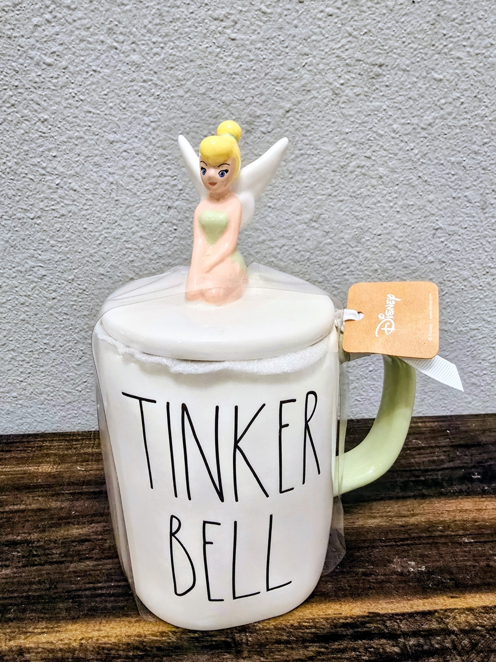 Rae Dunn TINKER BELL Mug with Topper & Green Handle